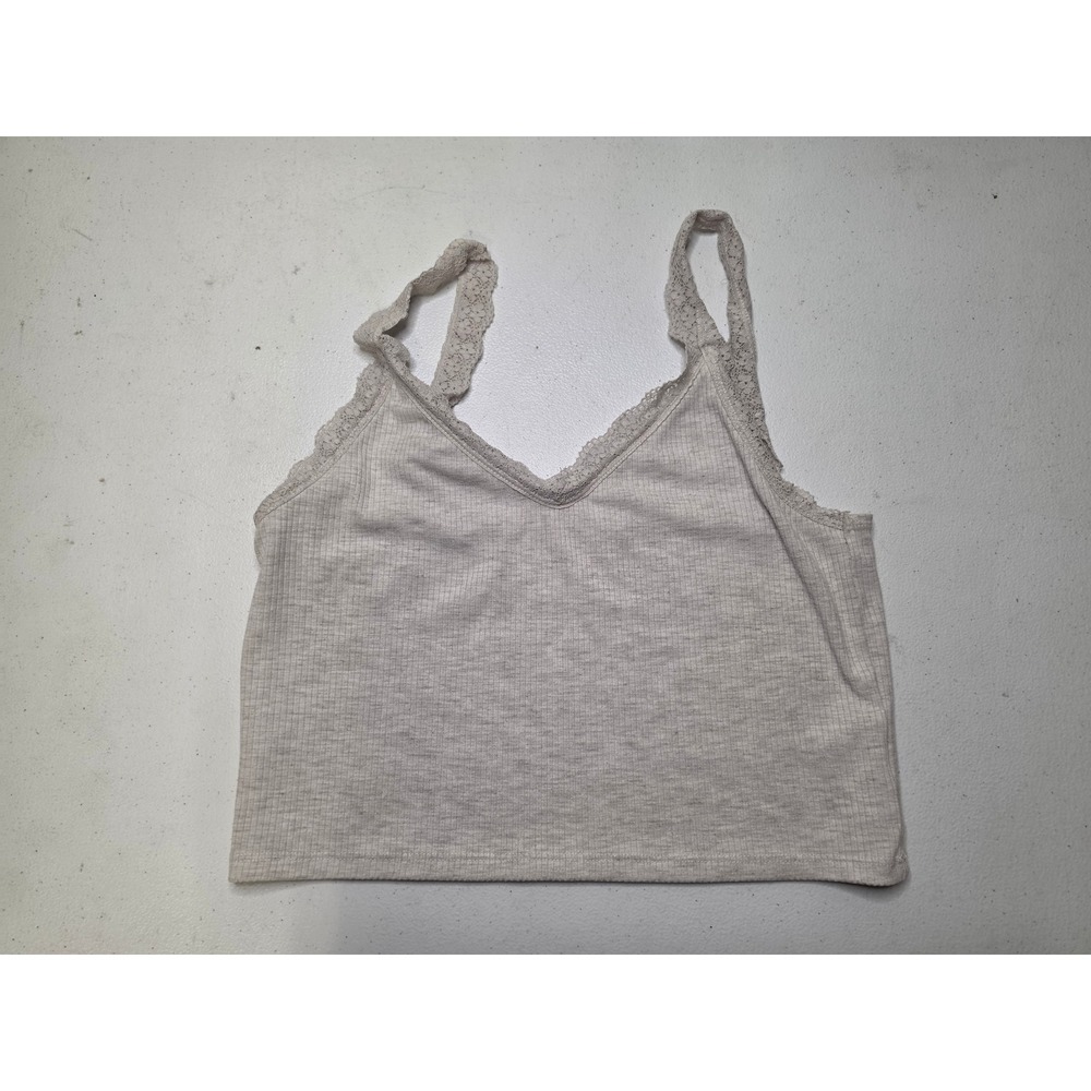 American Eagle Women Medium Beige Ribbed Lace Trim Cropped Cami Tank Top